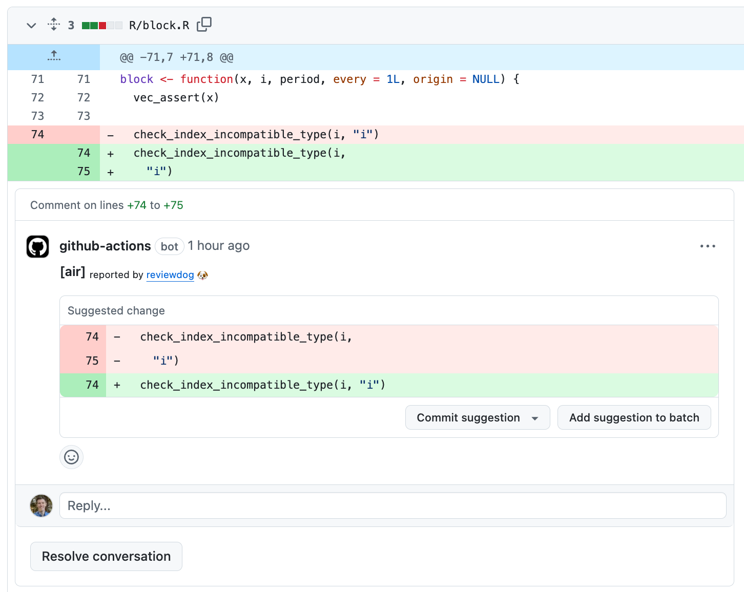 GitHub Actions bot automatically adding a GitHub Suggestions comment of the changes required to make this file pass Air's formatting checks.