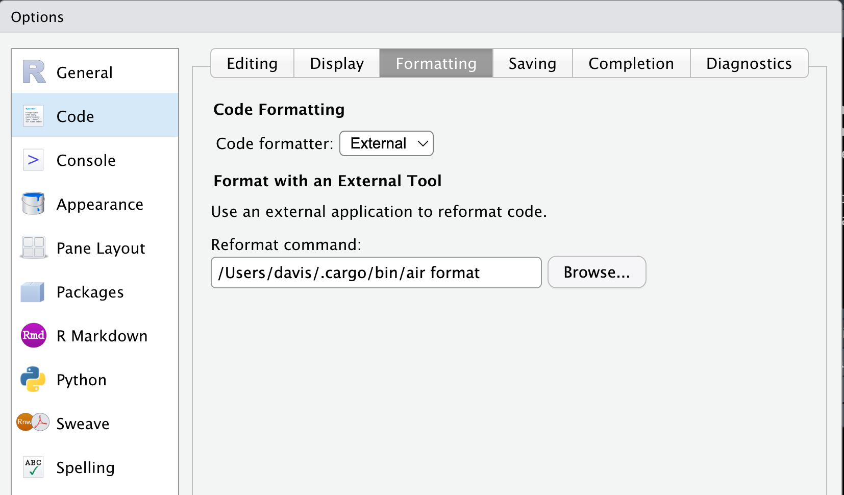 Setting Air as an external formatter with Tools -> Global Options -> Code -> Formatting