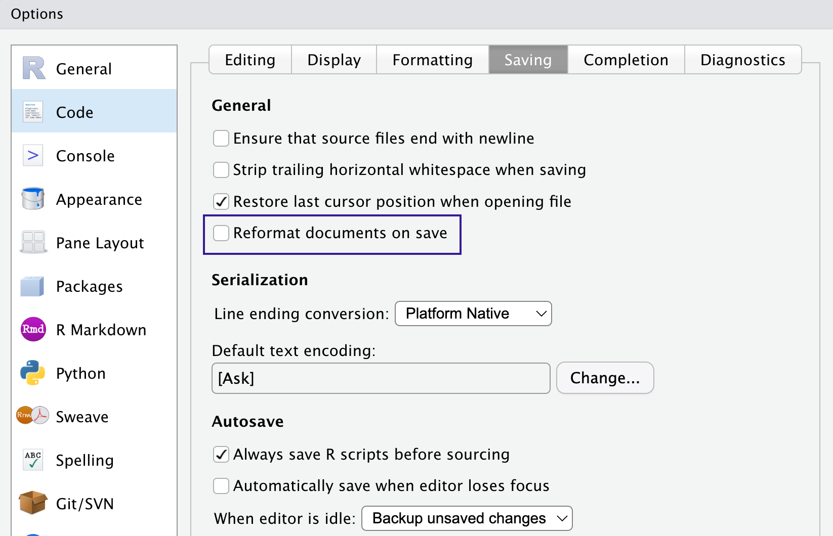 Setting RStudio to format all documents on save in Tools -> Global Options -> Code -> Saving