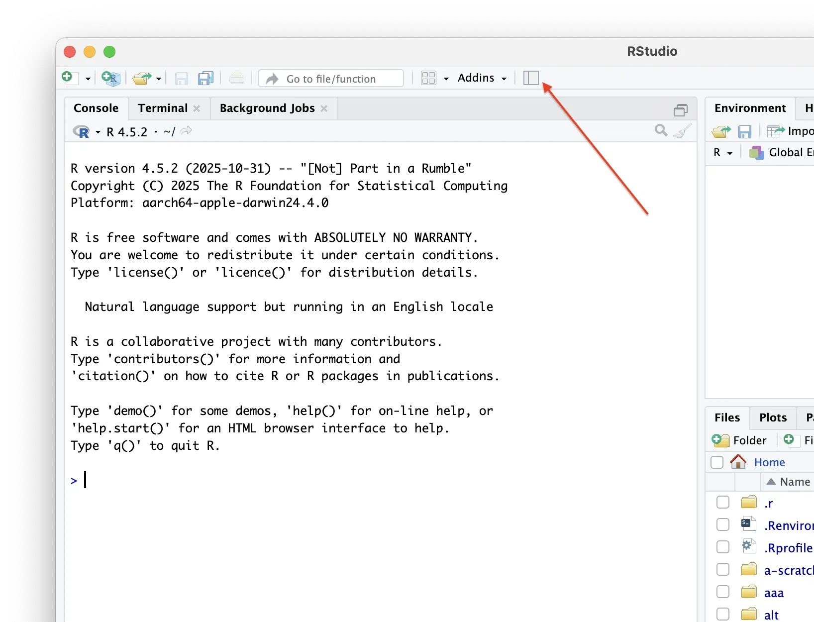 RStudio toolbar with the sidebar toggle button highlighted