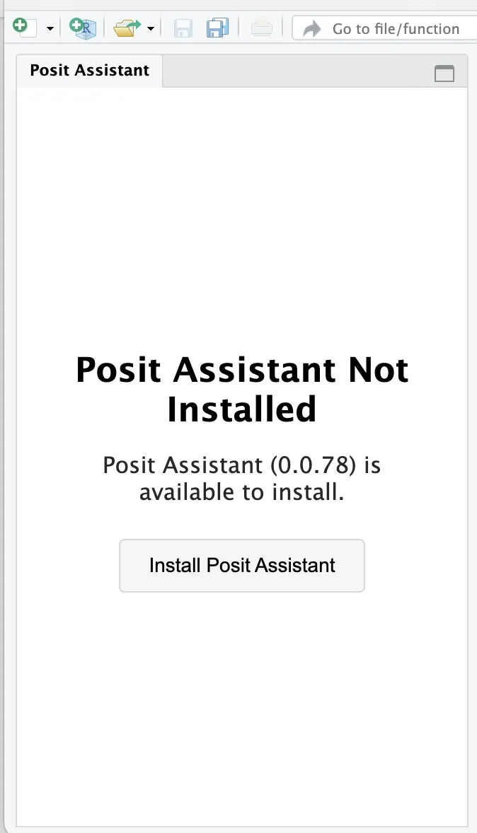 RStudio sidebar showing the Posit Assistant install prompt