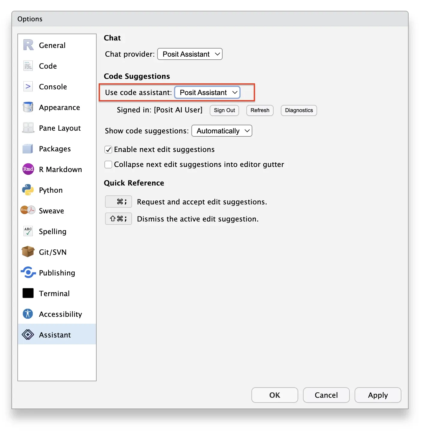 RStudio Global Options showing the Assistant configuration panel
