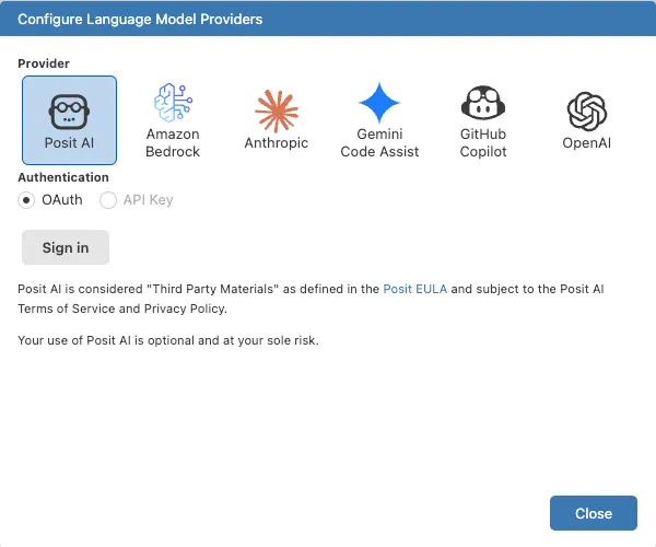 Positron Assistant provider configuration modal