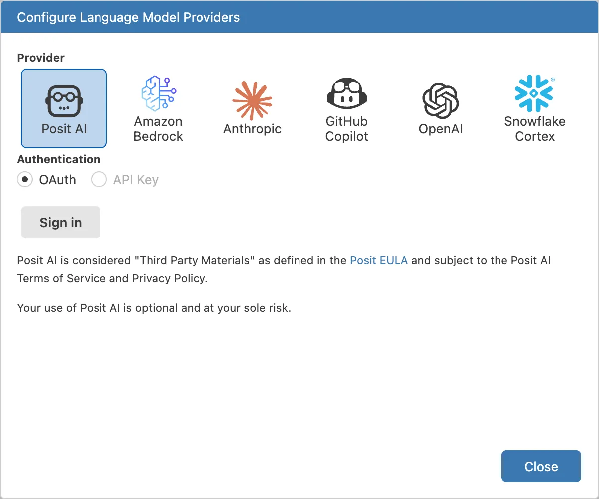 Positron Assistant provider configuration modal