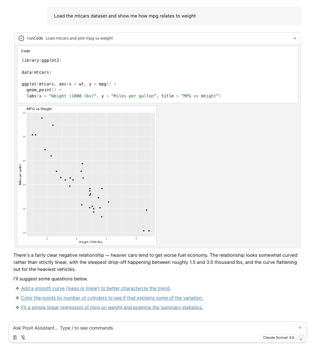 Posit Assistant chat interface with an example conversation