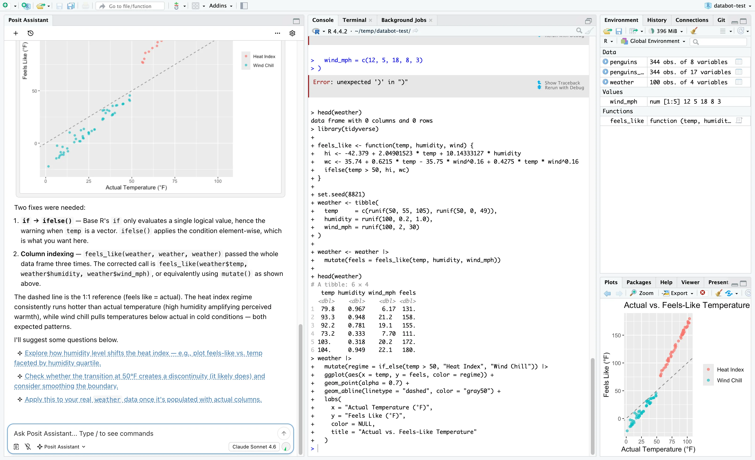 Posit Assistant debugging a vectorization bug in an R function and producing a corrected visualization