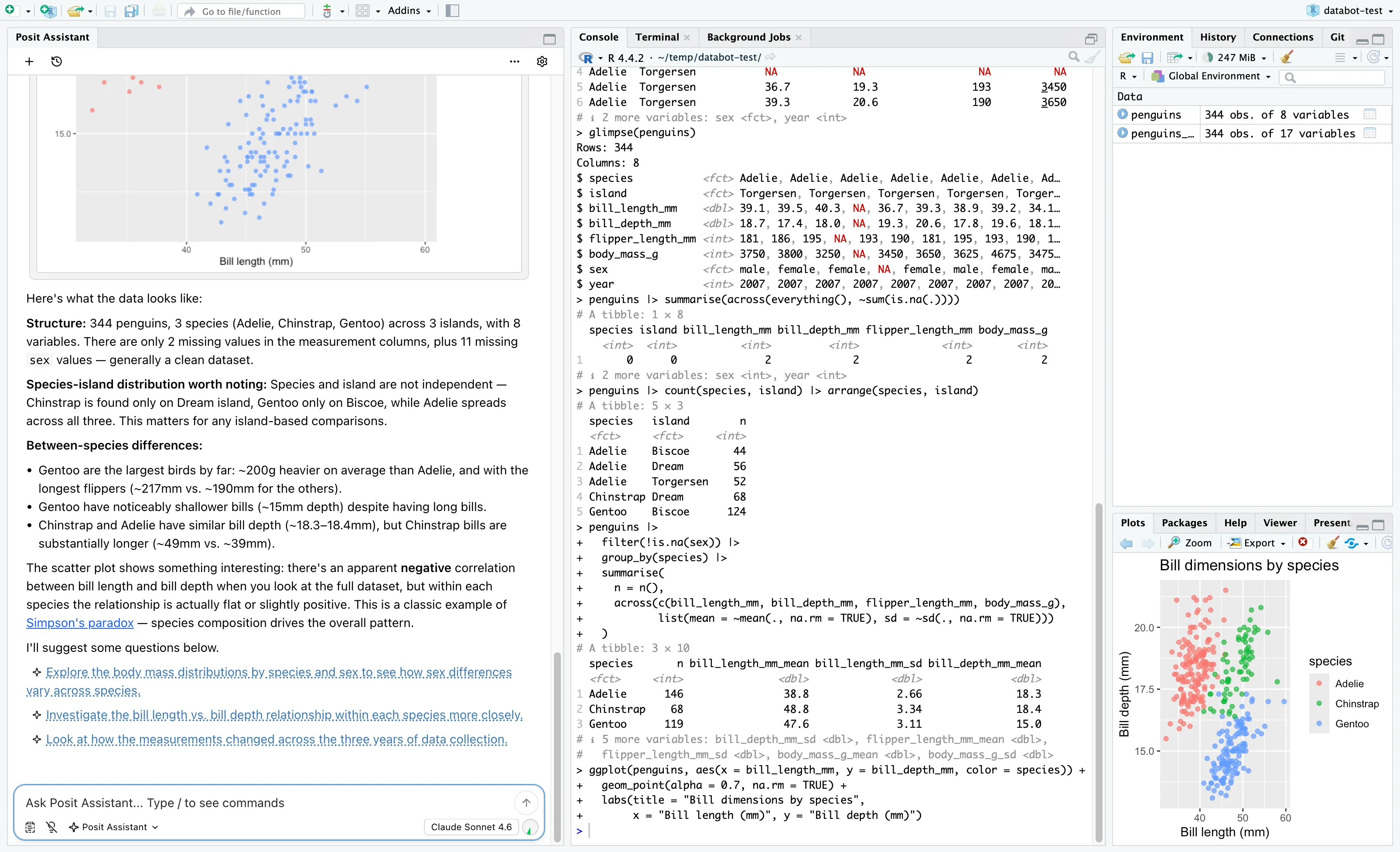 Posit Assistant analyzing the Palmer Penguins dataset in RStudio, showing conversation, code execution, and a scatter plot