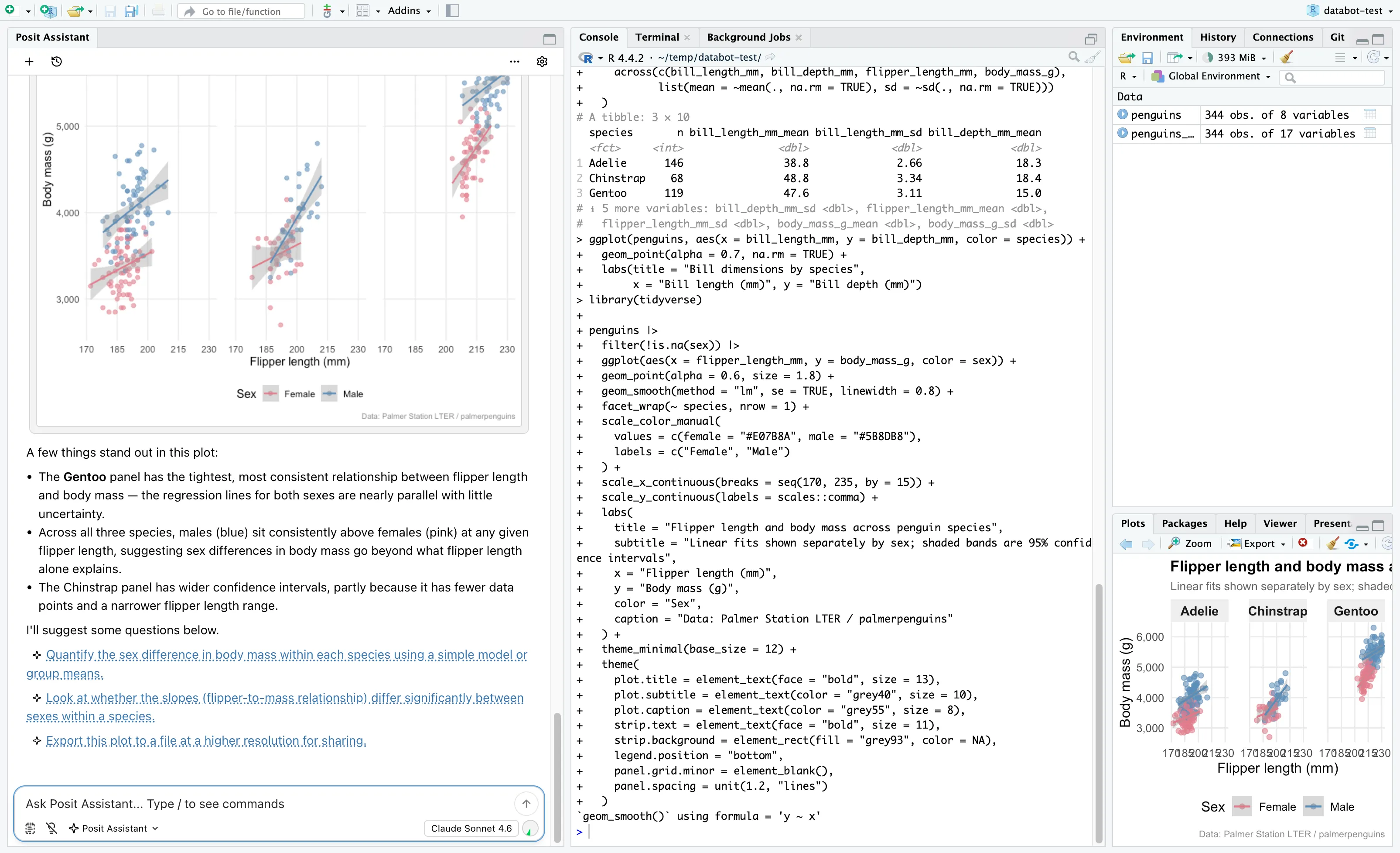 Posit Assistant exploring the Palmer Penguins dataset with scatter plots and regression analysis