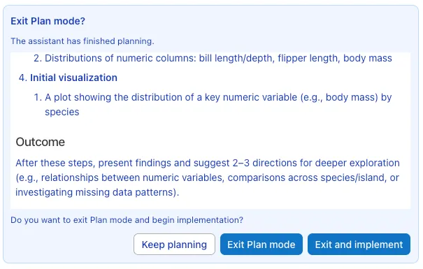 Plan mode exit confirmation dialog with plan preview