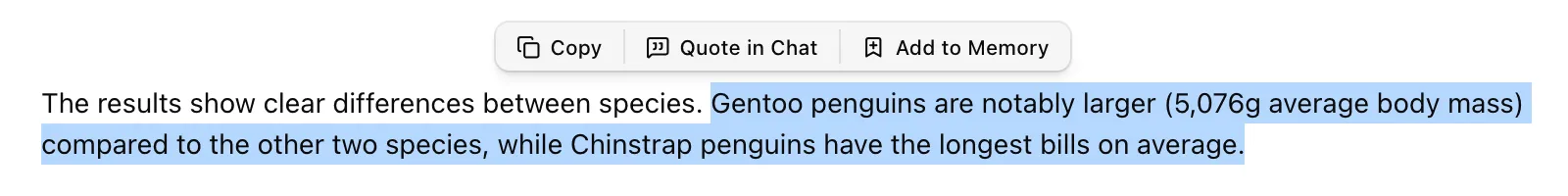 Text selection toolbar showing Copy, Quote in Chat, and Add to Memory actions above highlighted text