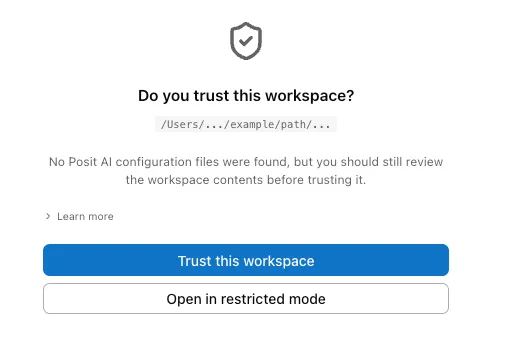 Workspace trust prompt with file preview and trust options