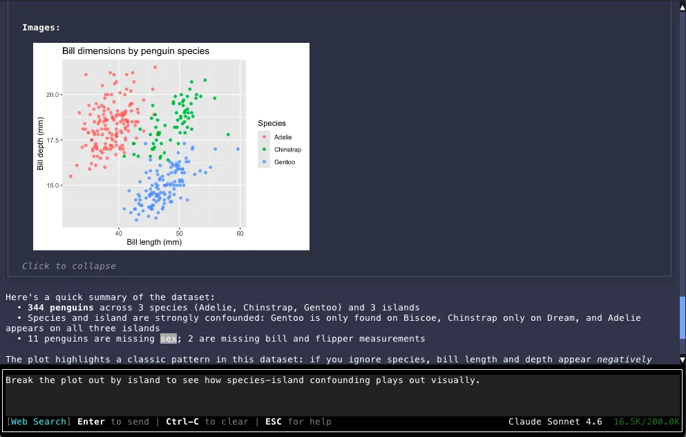 Posit Assistant TUI displaying data and an R plot in the terminal