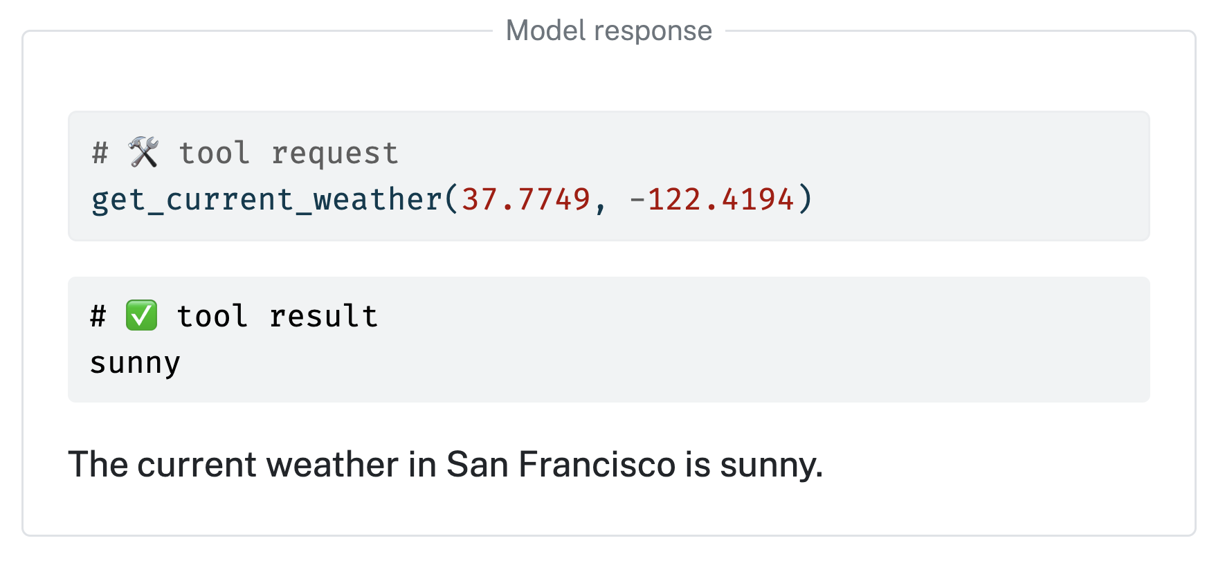 Model response output to the user query: 'How's the weather in San Francisco?'