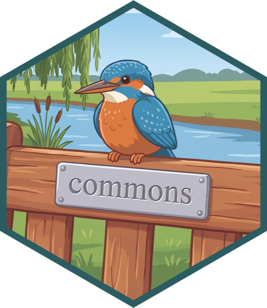 The package's hex sticker; a Common Kingfisher drawn in a cartoonish style, sitting on a park bench with a plaque reading 'commons'. Behind the bird is an open green space.
