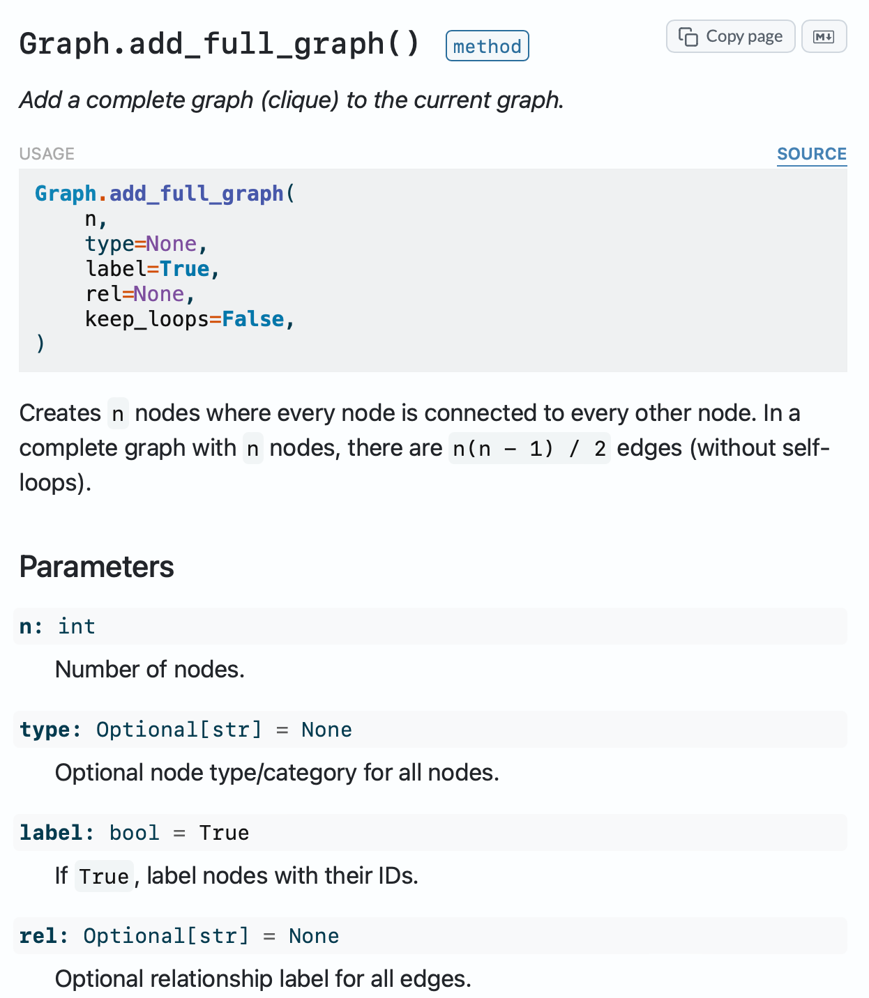 A class documentation page with parameters and methods