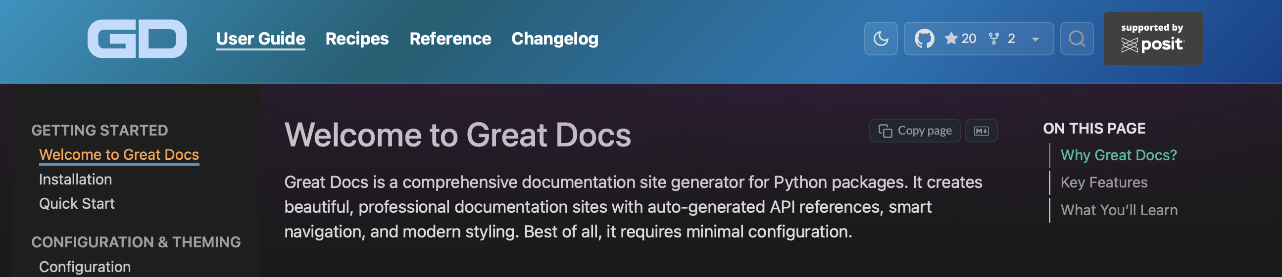 Documentation site in dark mode