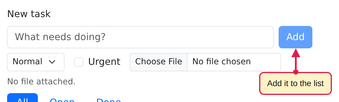 The new-task form with a pale yellow callout below the Add button, joined to it by a long line with a dot at the bubble and an arrow at the button.