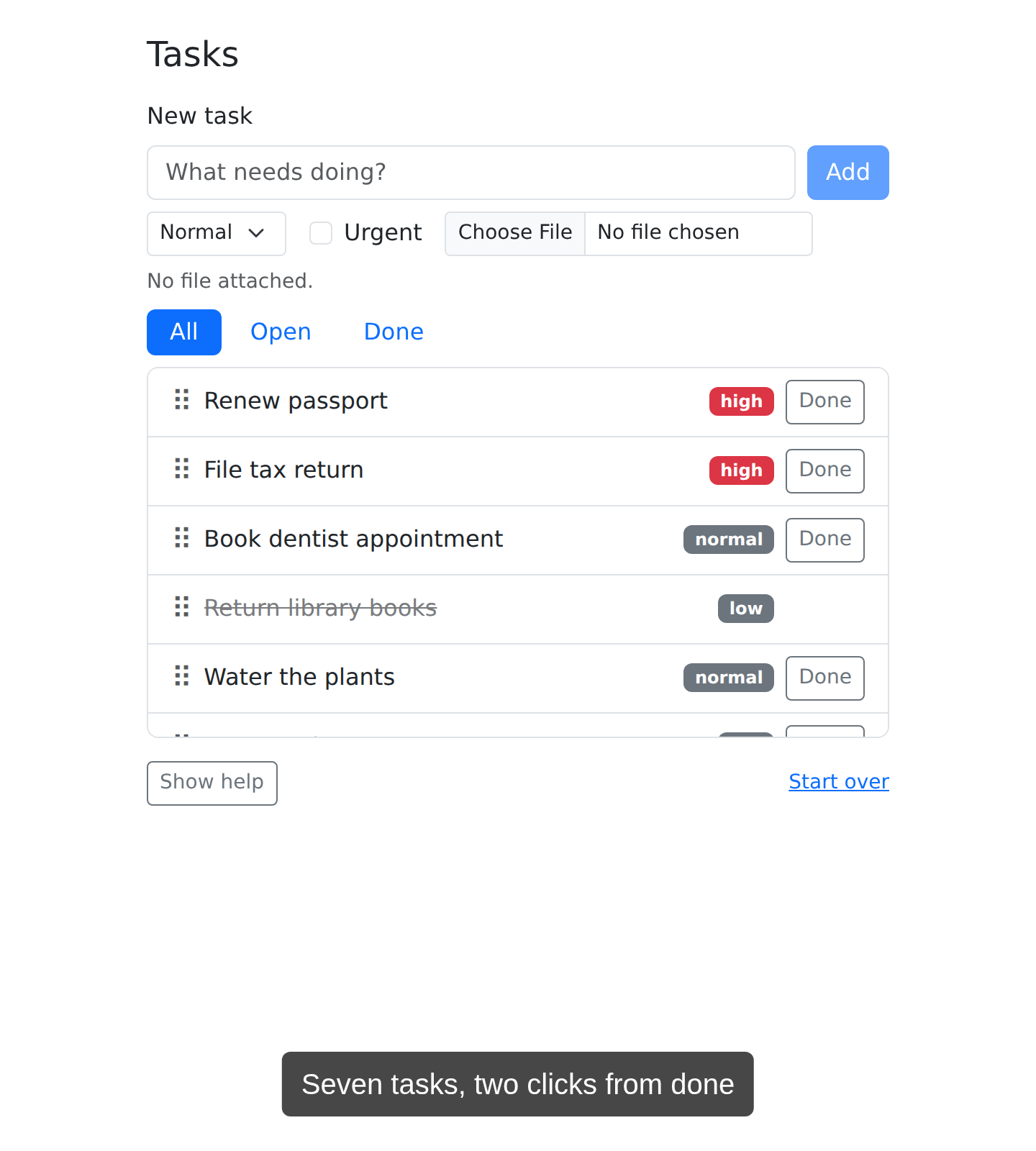 The task tracker with a dark caption panel centered along the bottom edge, reading: Seven tasks, two clicks from done.