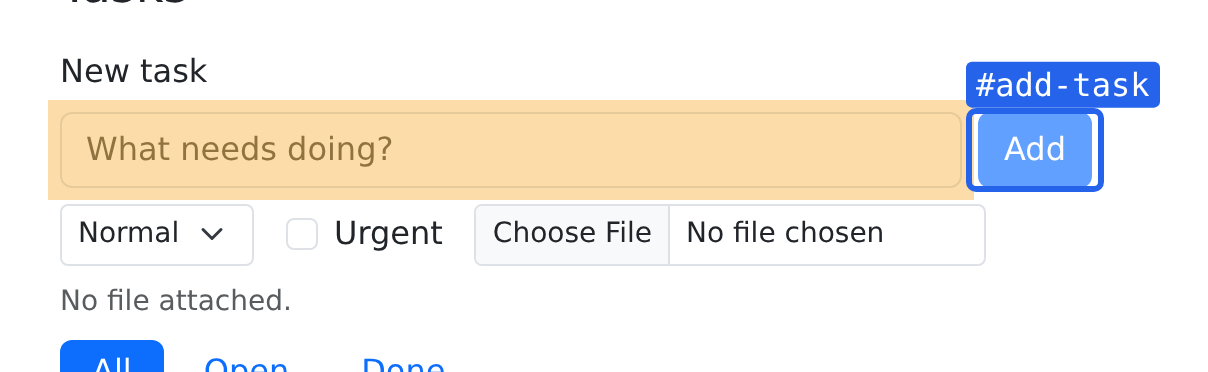 The new-task form with a loose amber highlight around the title field and a blue box around the Add button, with a monospace badge reading #add-task.
