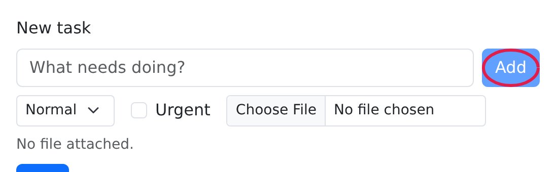 The new-task form with only a circle around the Add button; the box that was around the title field is gone.