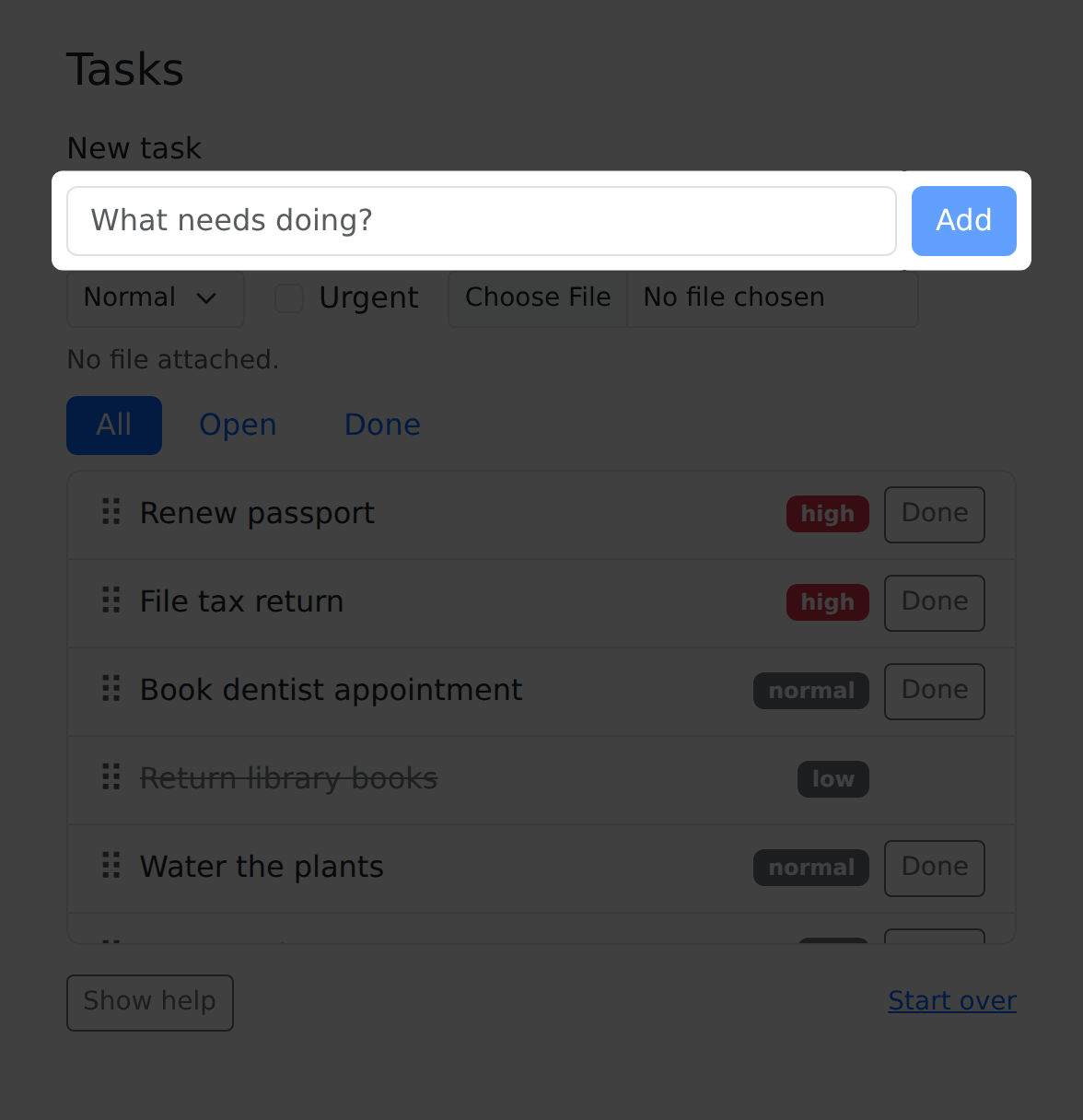 The task tracker dimmed to near-black, with bright cutouts around the title field and the Add button.