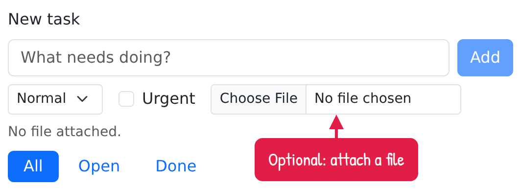 The new-task form with a crimson callout below the attachment field, pointing up at it and reading Optional: attach a file in a handwritten font.