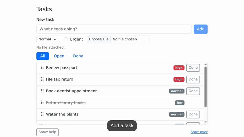 A demo of a task tracker. The view zooms in on the new-task form while a cursor types Repot the fern and clicks Add. The view pulls back as the new task appears at the top of the list, outlined in red, under the caption New tasks go to the top of the list.