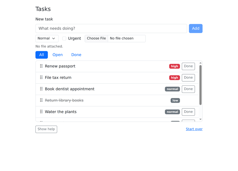 A cursor fades in on the task form, types Repot the fern, and clicks Add. The new task appears at the top of the list.