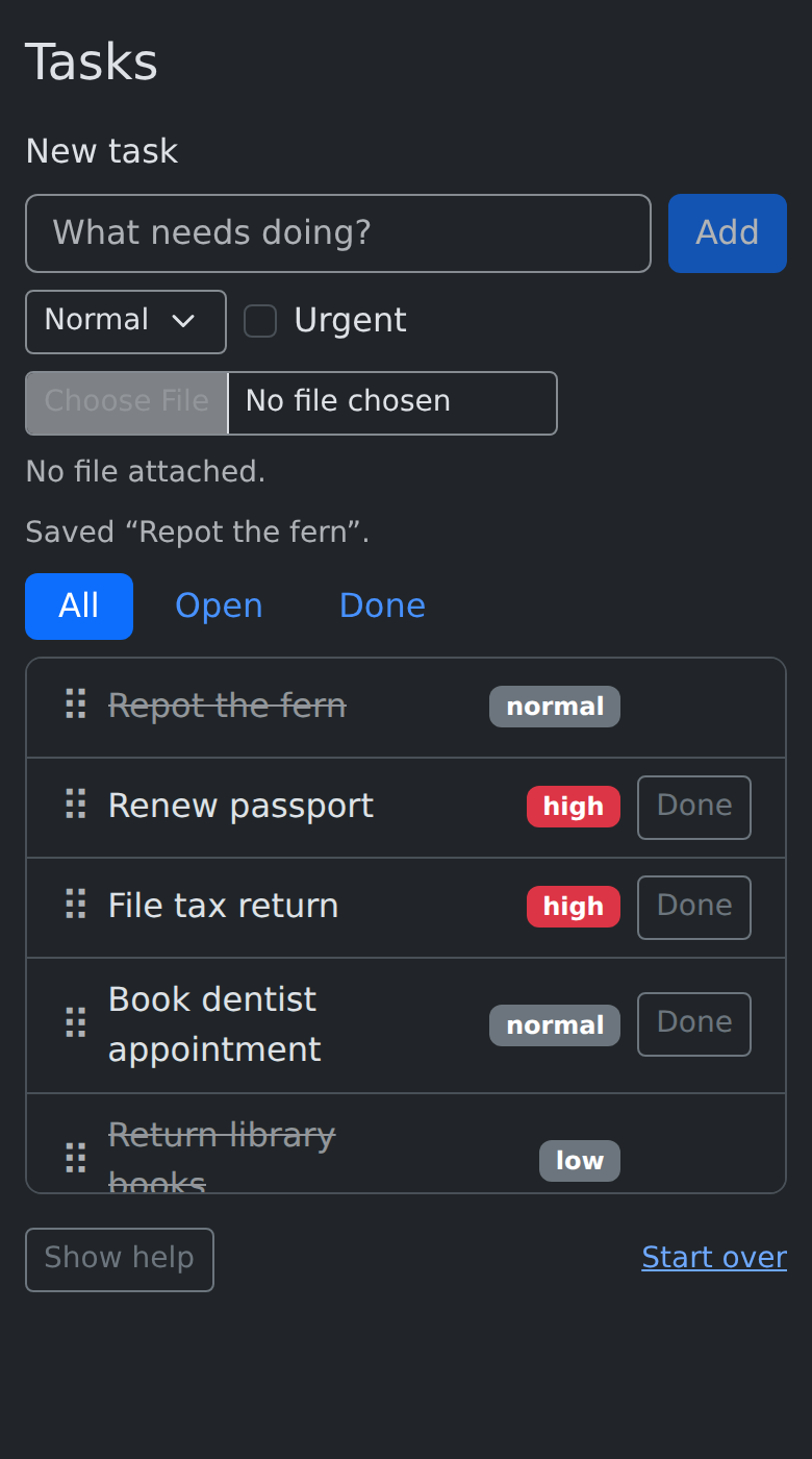 The task tracker on a narrow phone screen, in dark mode.