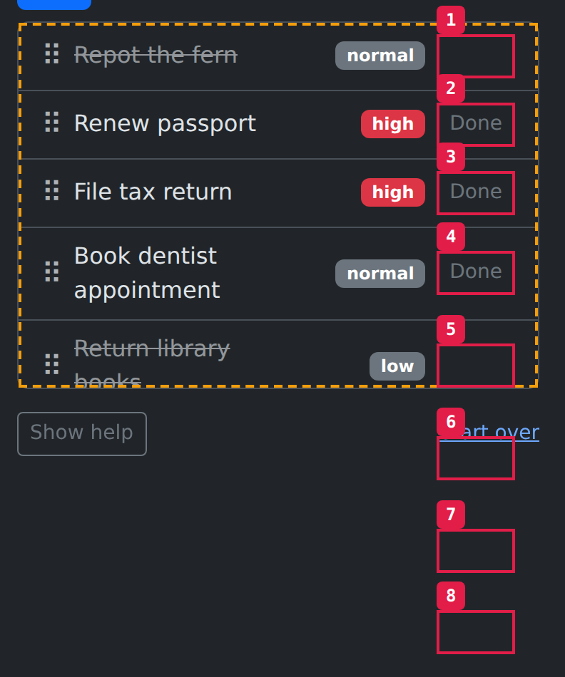 The task list with a dashed outline around the list and numbered solid outlines around the visible Done buttons.