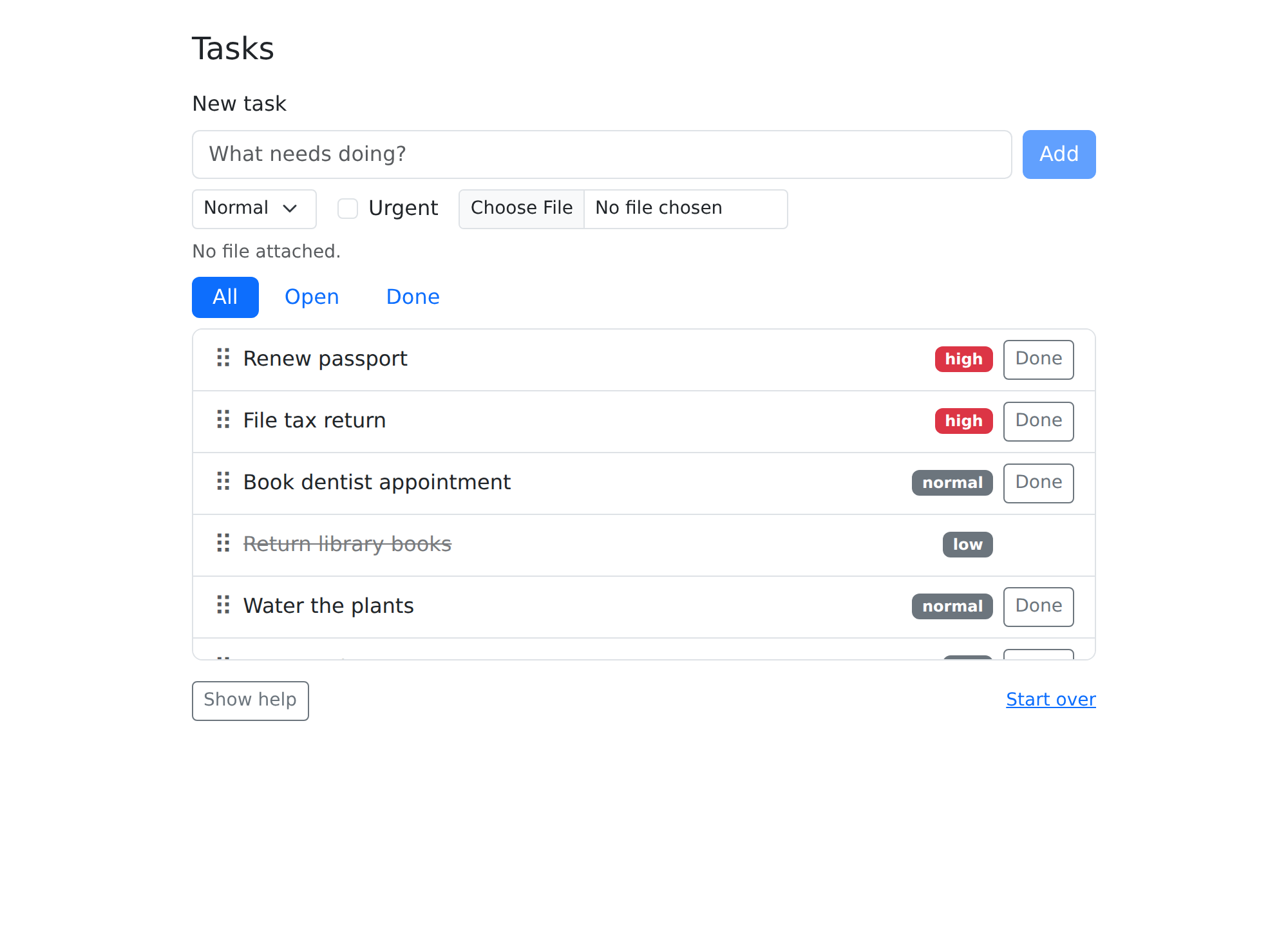 The task tracker, a white card on a gray background, with a form for new tasks, filter links, and a list of tasks.