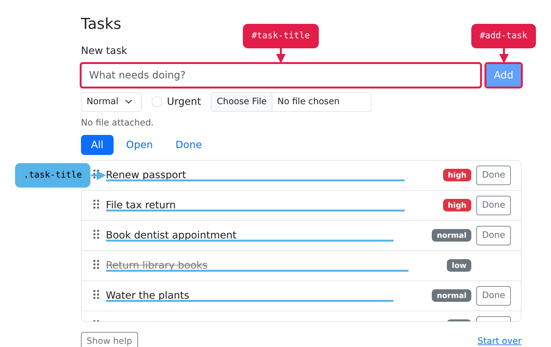The task tracker with its selectors labeled. Red callouts point down at the new-task title field, reading #task-title, and at the Add button, reading #add-task. Every task title in the list is underlined in blue, and a blue callout reading .task-title points at the first one.