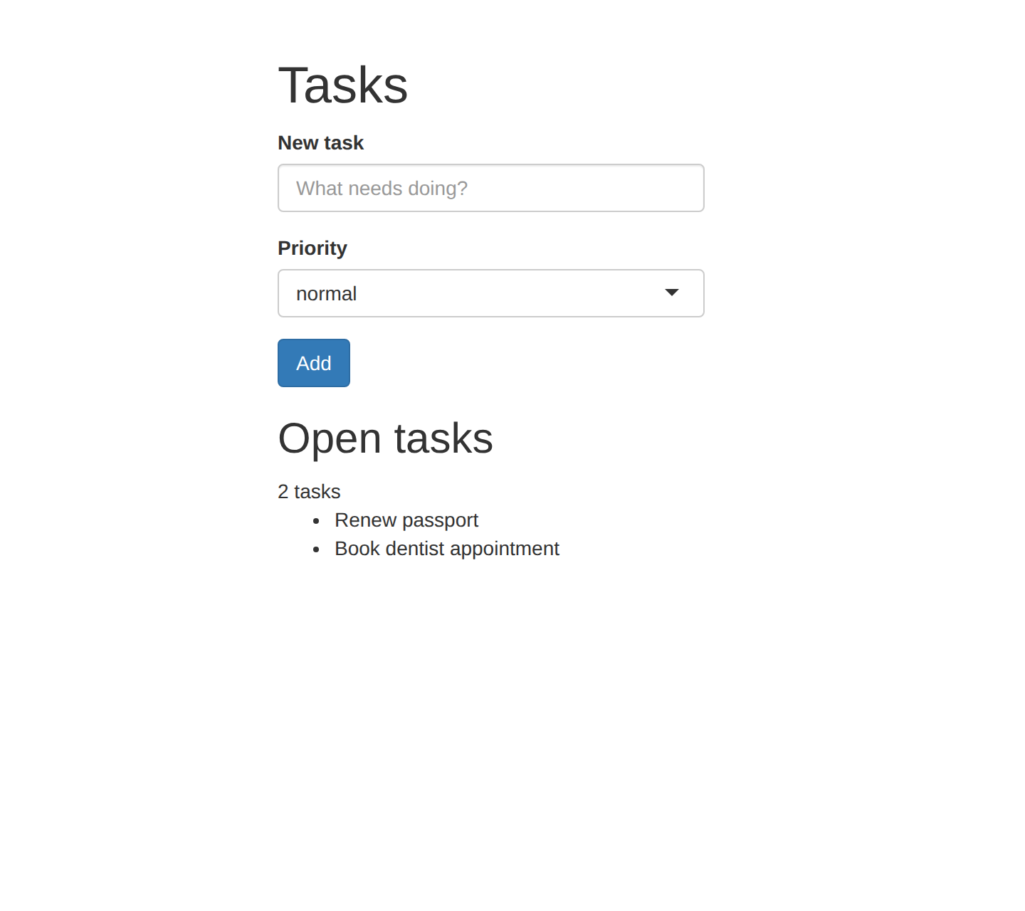 The Shiny task app: a title input, a priority dropdown, an Add button, and a list of two tasks.