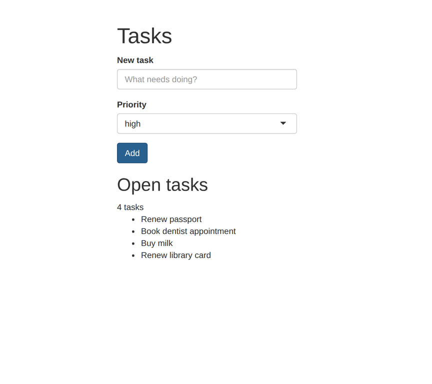 A cursor glides to the title input, types Water the plants, and clicks Add. The task count changes from 4 to 5 and the new task appears at the end of the list.