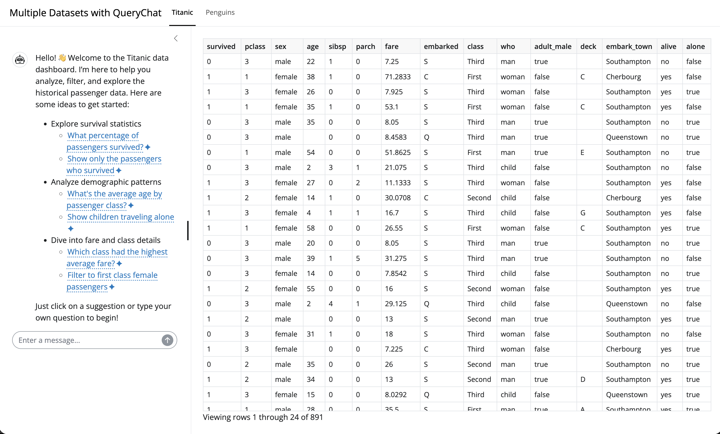 Screenshot of a querychat app with two datasets: titanic and penguins.