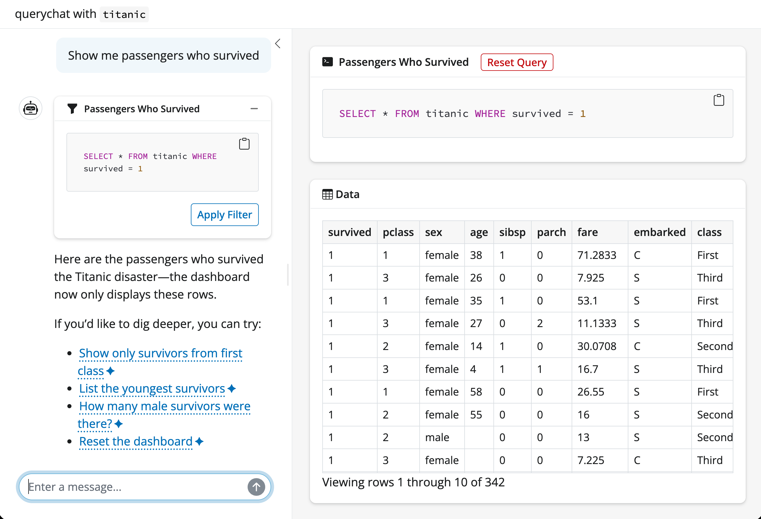 Screenshot of the querychat's app with the titanic dataset filtered to passengers who survived.