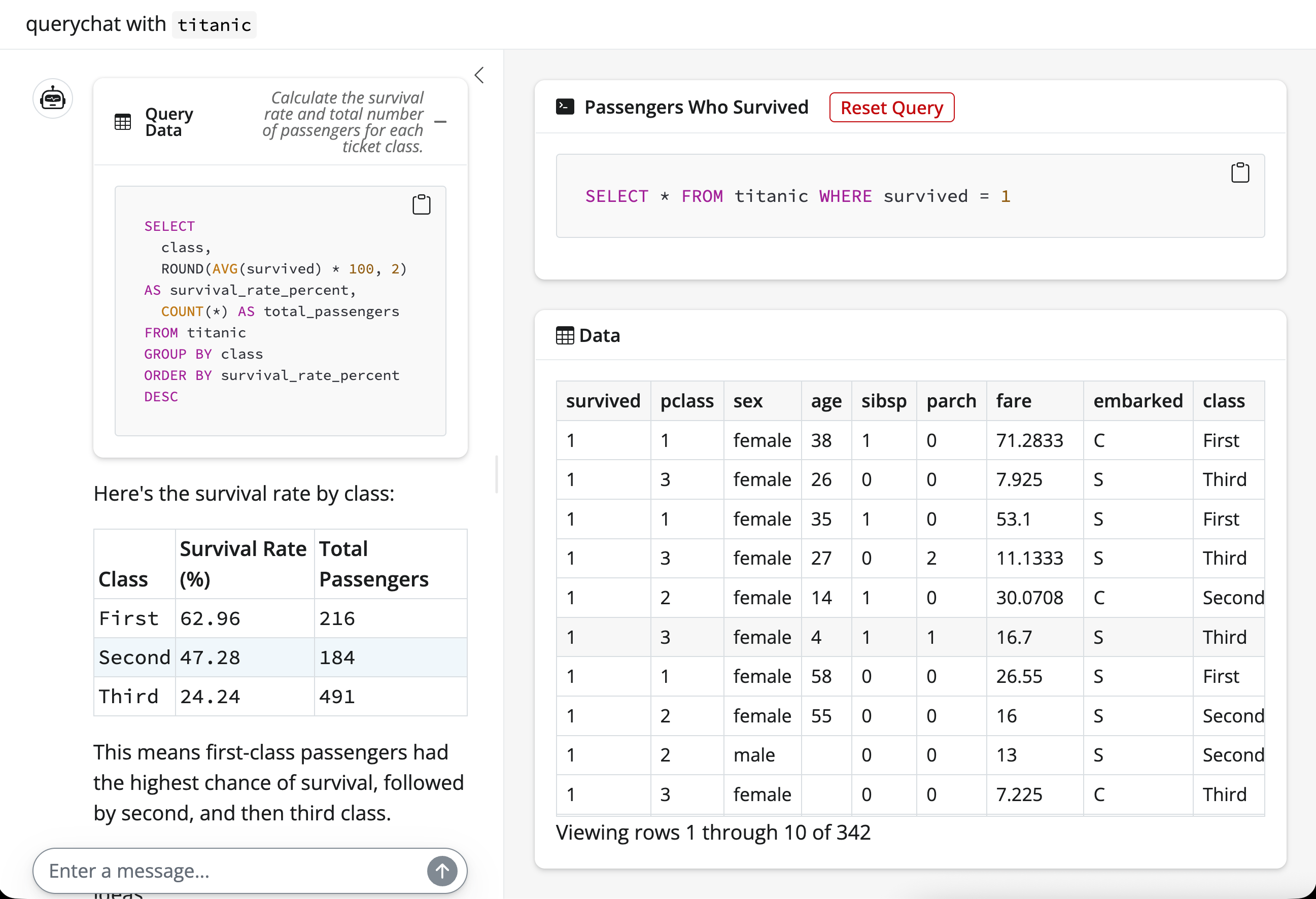 Screenshot of the querychat's app with a summary statistic inlined in the chat.