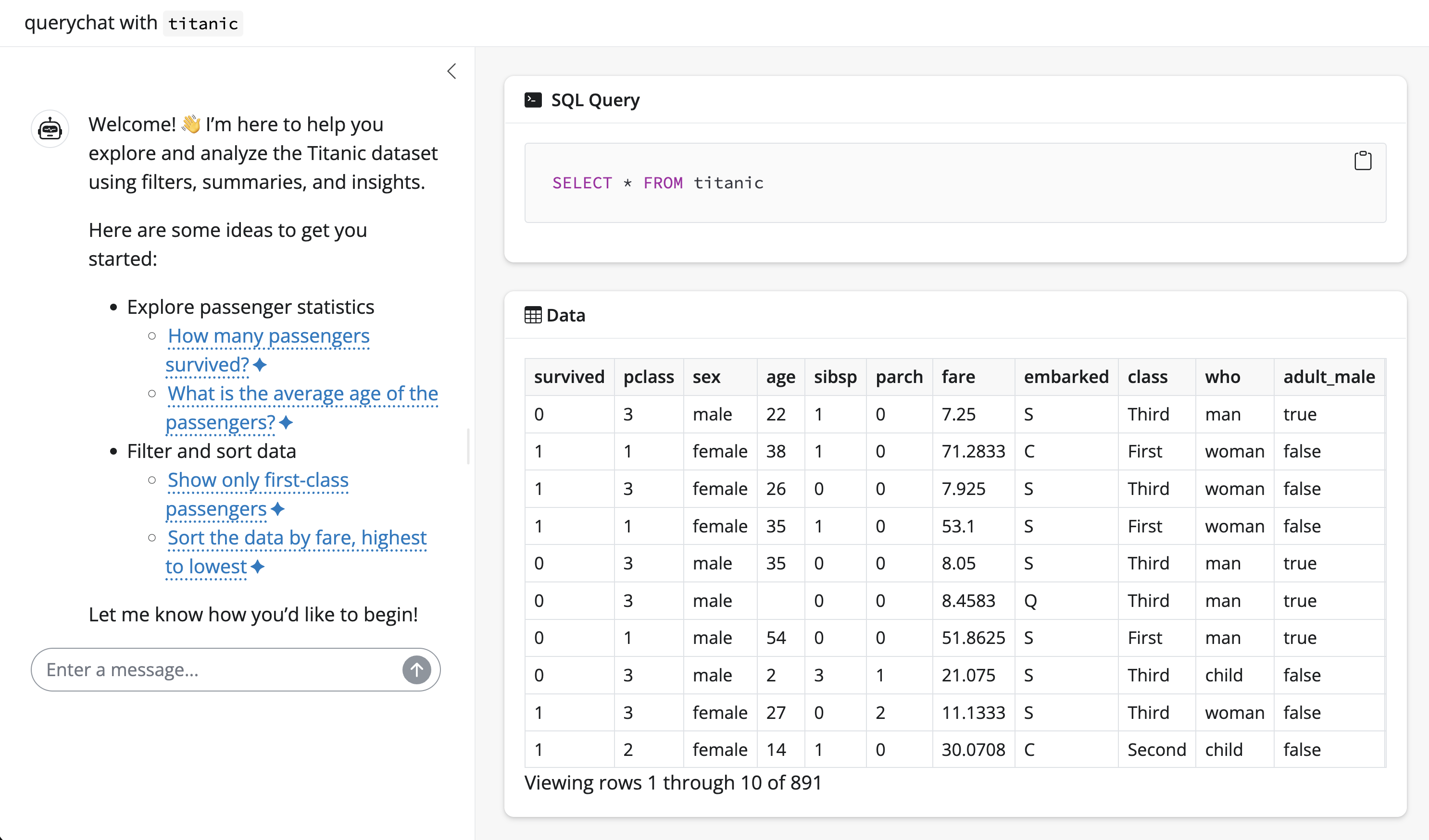 Screenshot of querychat's app with the titanic dataset.