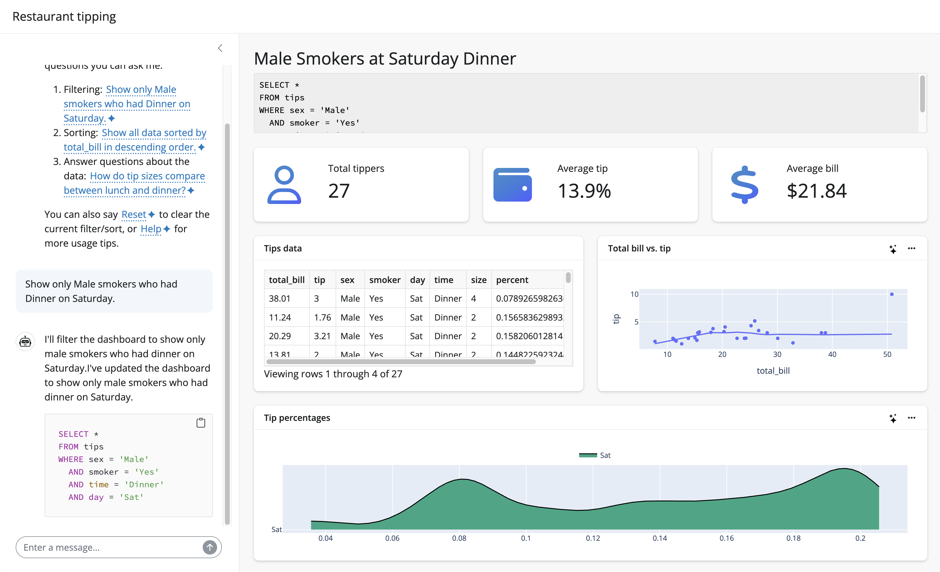 Screenshot of sidebot, a custom shiny app built with querychat.