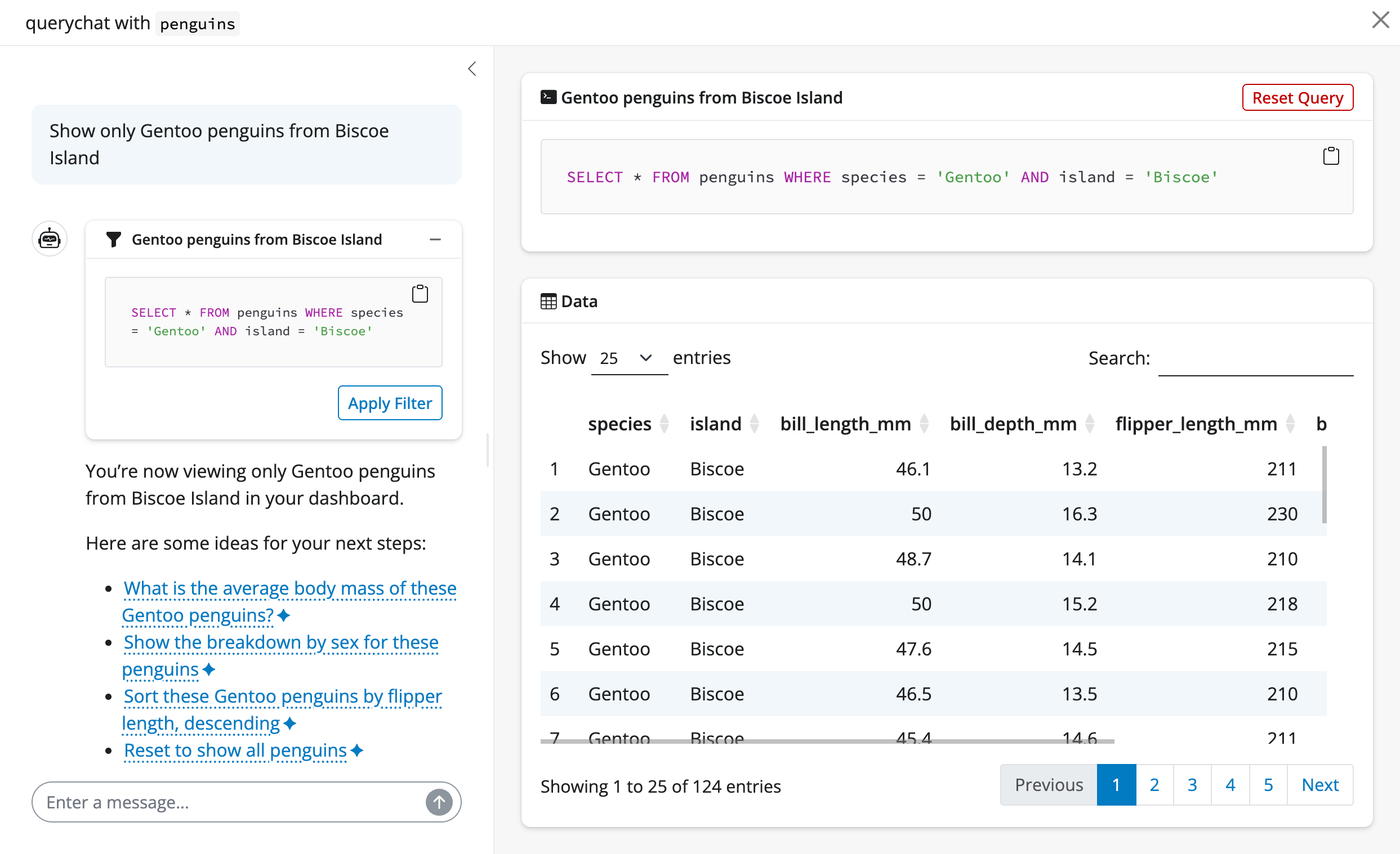 Screenshot of the querychat's app with the penguins dataset filtered.