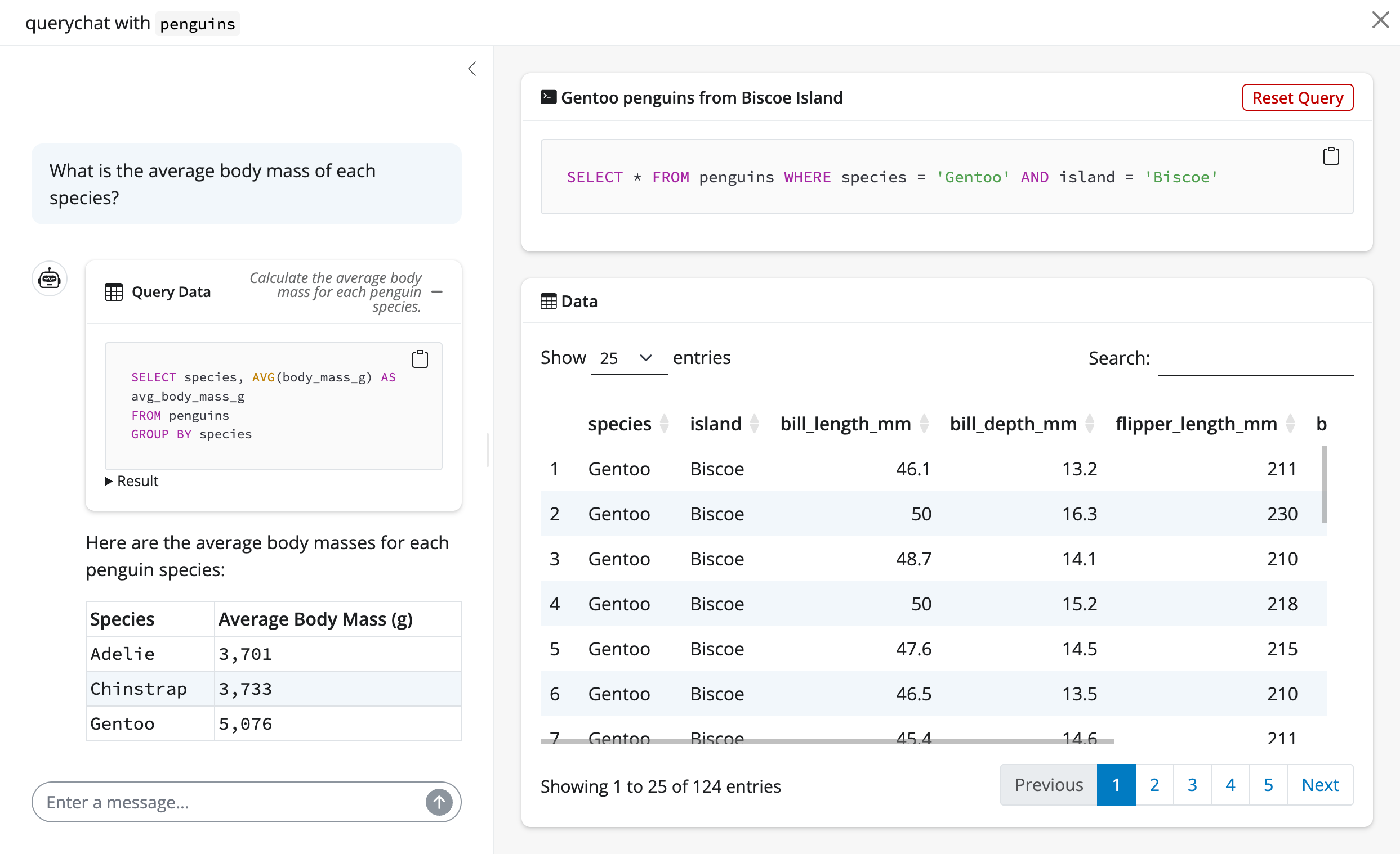 Screenshot of the querychat's app with a summary statistic inlined in the chat.