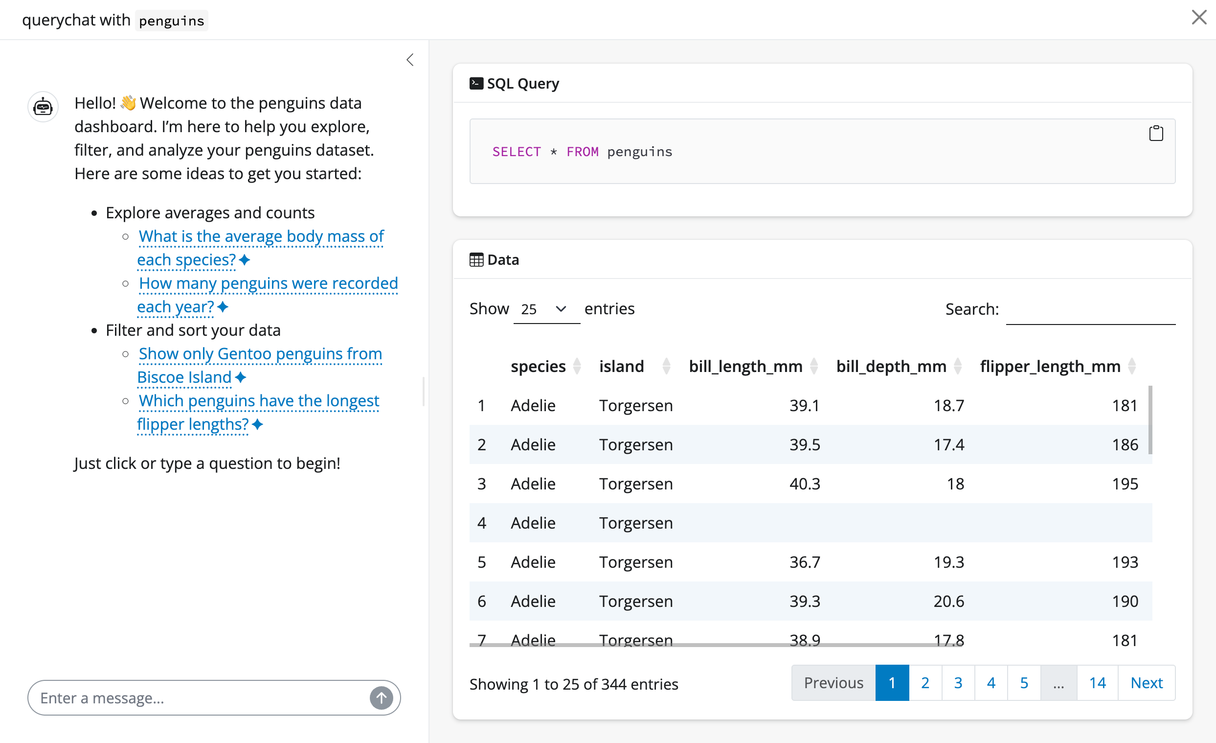 Screenshot of querychat's app with the penguins dataset.