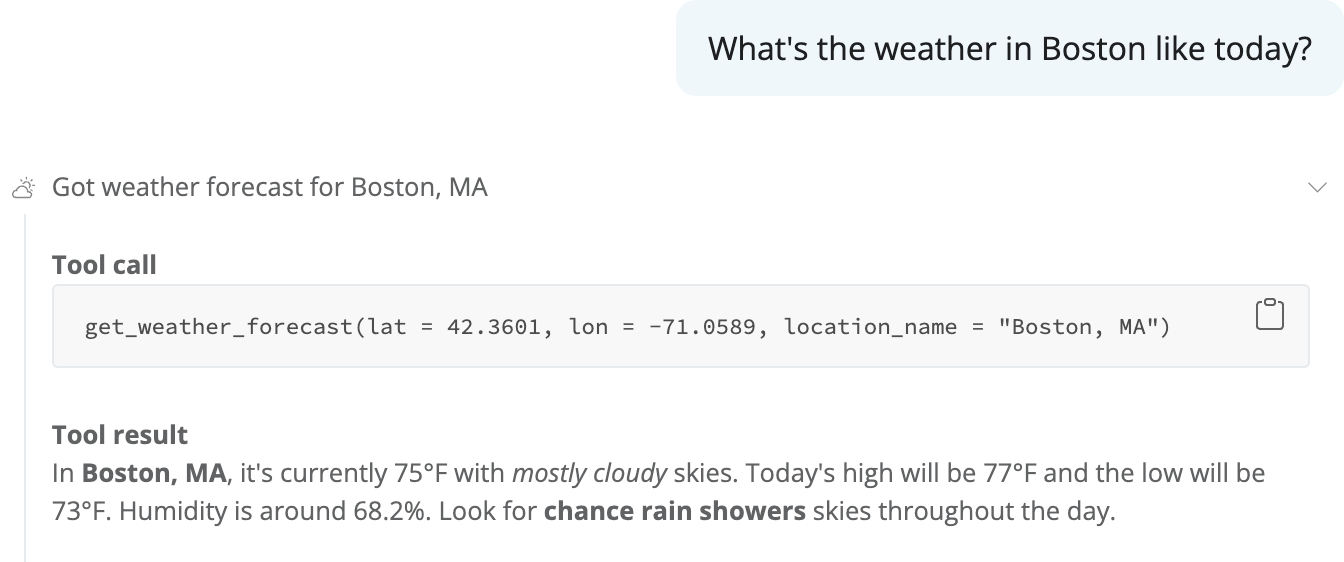 The drill-down card renders the `markdown` display content as rich HTML in place of the raw result.