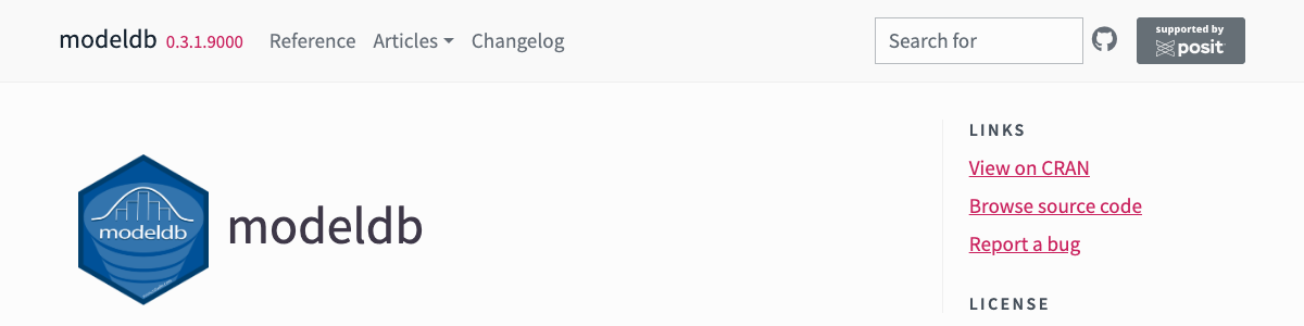 Screenshot of modeldb website at 1200px browser width