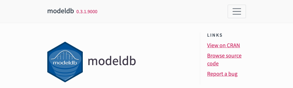 Screenshot of modeldb website at 991px browser width
