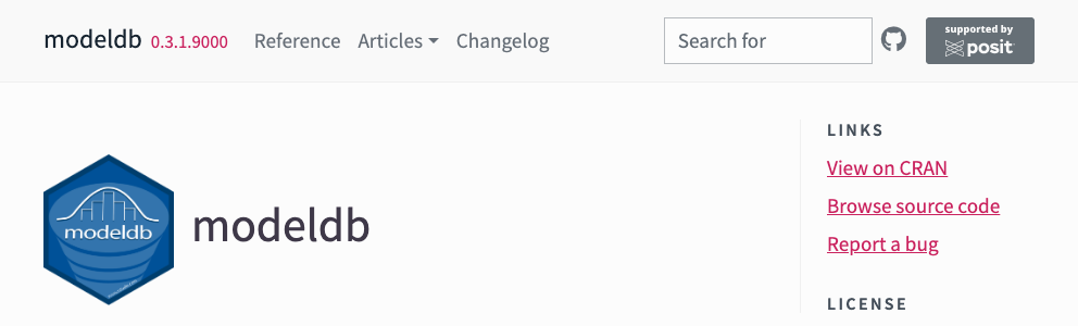 Screenshot of modeldb website at 992px browser width